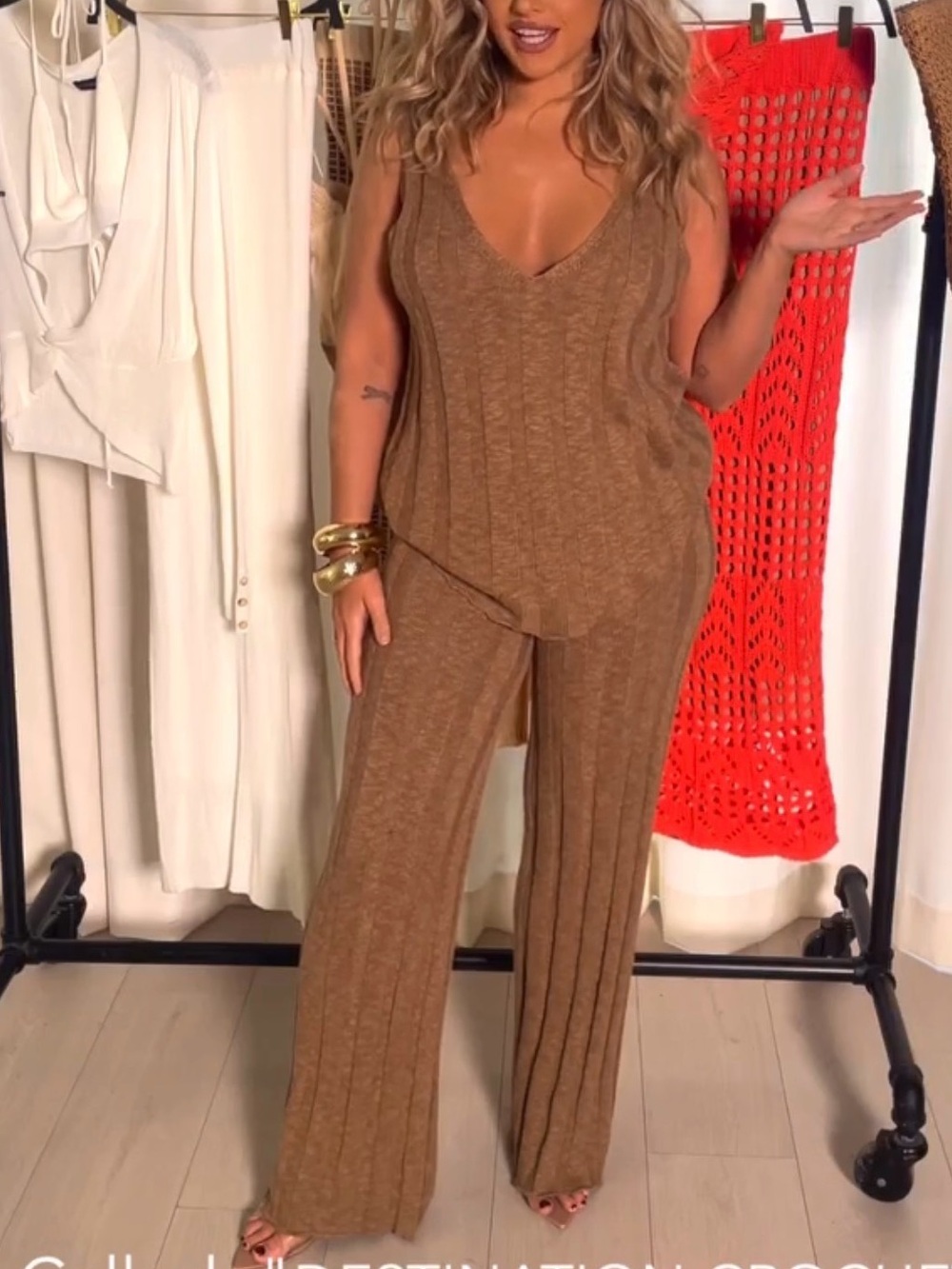 JLUXLABEL Ribbed Knit Tank & Pants Set - Brown - Picture 2 of 7